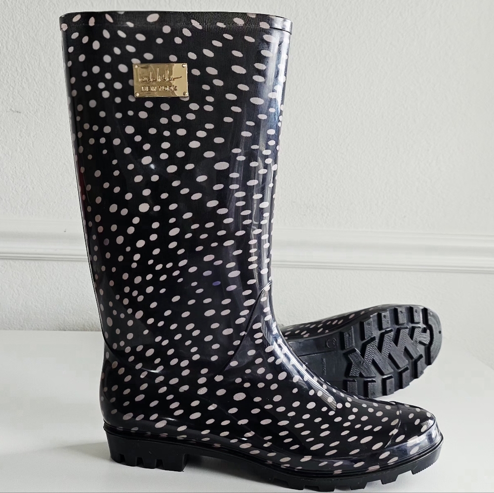 Nicole Miller New York Black Dotted Womens Waterproof Tall Rain Boots